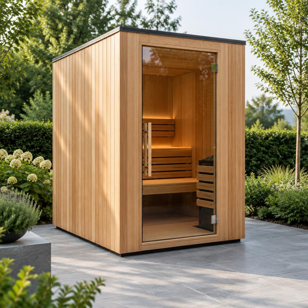 Modern cedar sauna in a garden