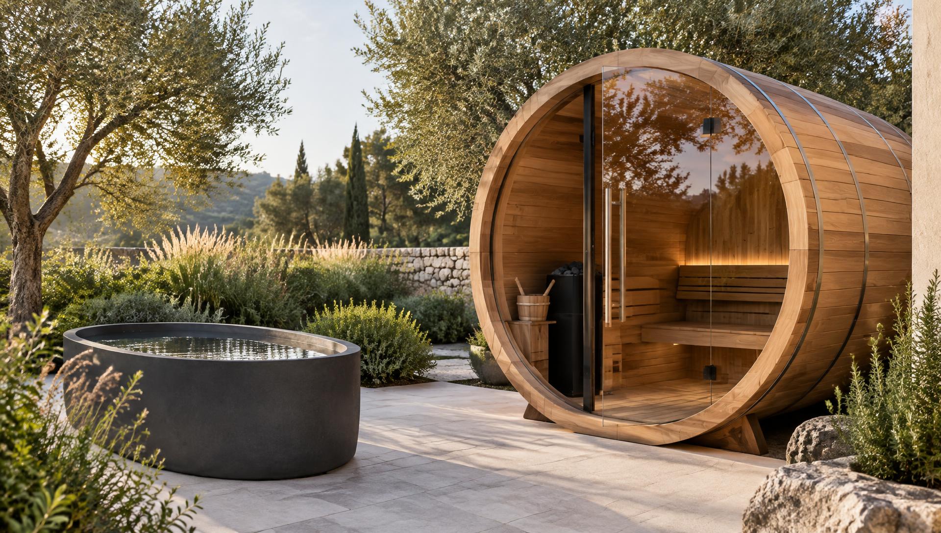Cedar barrel sauna and cold plunge in a peaceful garden